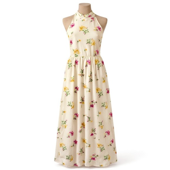 a new day Dresses & Skirts - Floral Tiered Halter Maxi Dress Size XXL Pink Cream Pockets Boho Romantic Lined